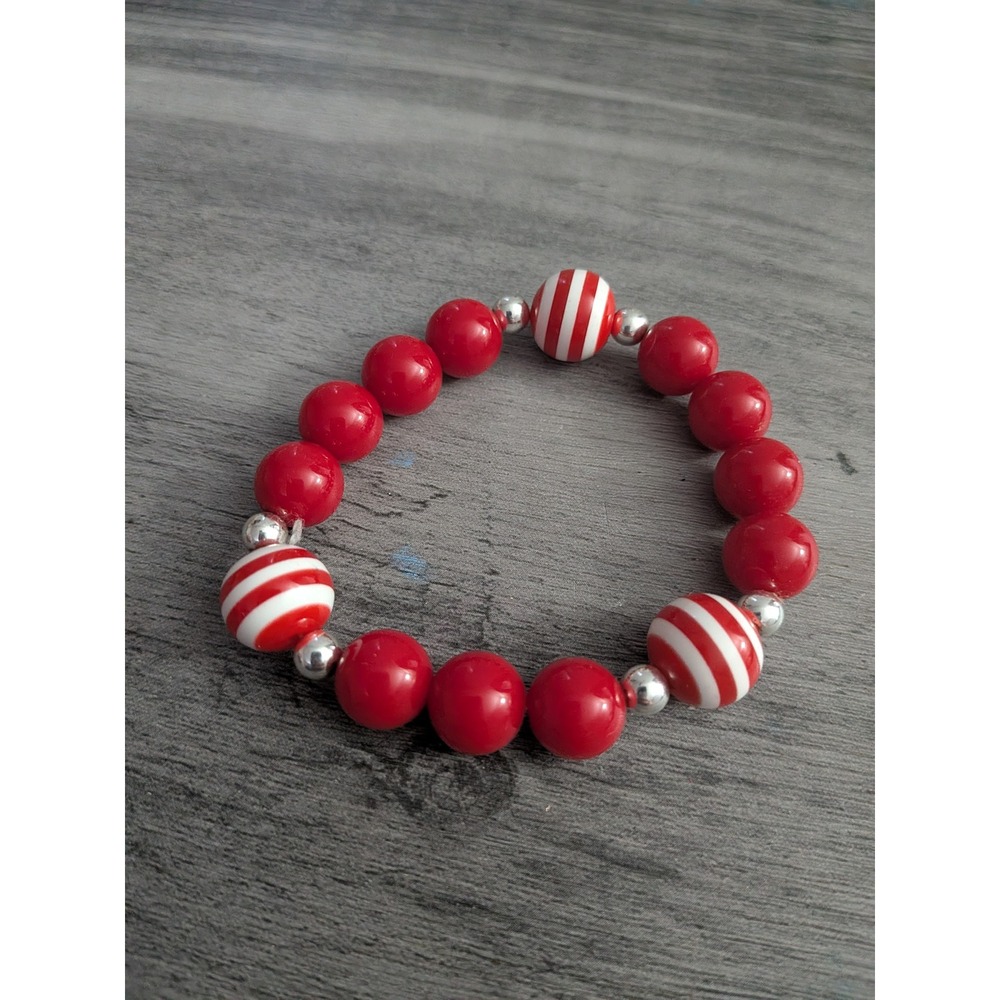 Red and White Striped Peppermint Bead Stretch Bracelet Holiday Christmas Jewelry
